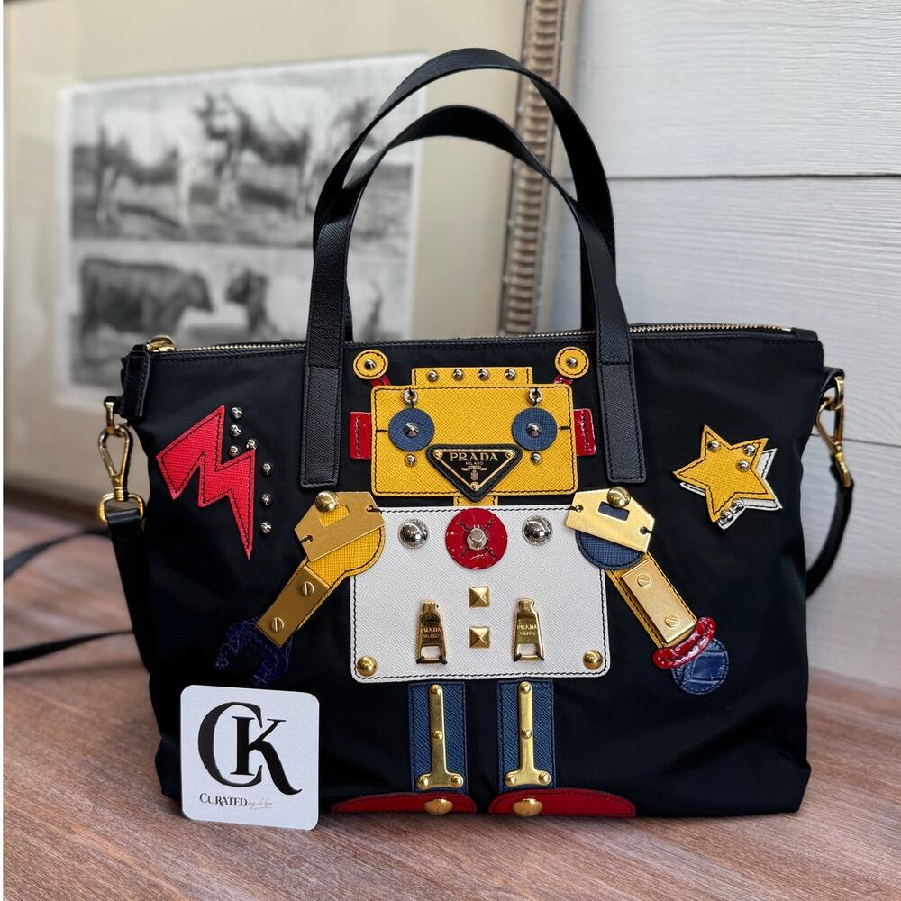 Prada Robot Bag Black Nylon Tote with Leather & Stud Details